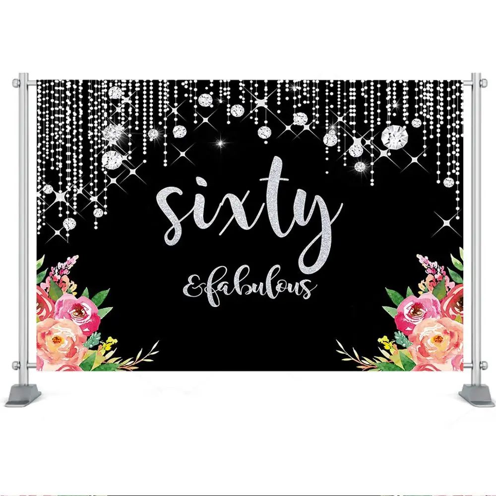 Sixty Birthday Backdrop Glitter Diamons Tassel Floral Photo Background Adults Fabulous 60th Birthday Party Decorations