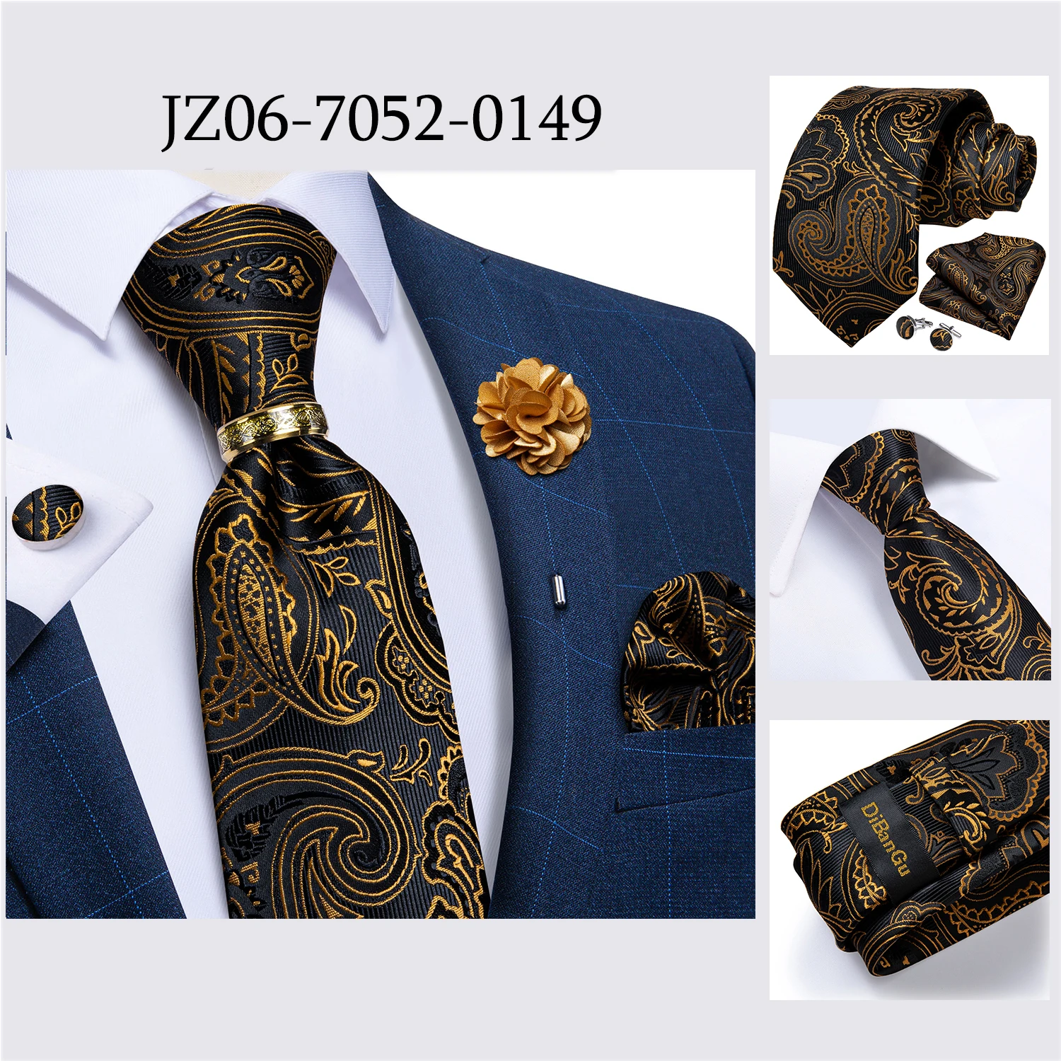 Handgefertigte Paisley-Blumen-Krawatte in Königsblau für Herren, klassische 8 cm breite gewebte Jacquard-Krawatte mit Einstecktuch, Manschettenknöpfen und Brosche – Detail 32