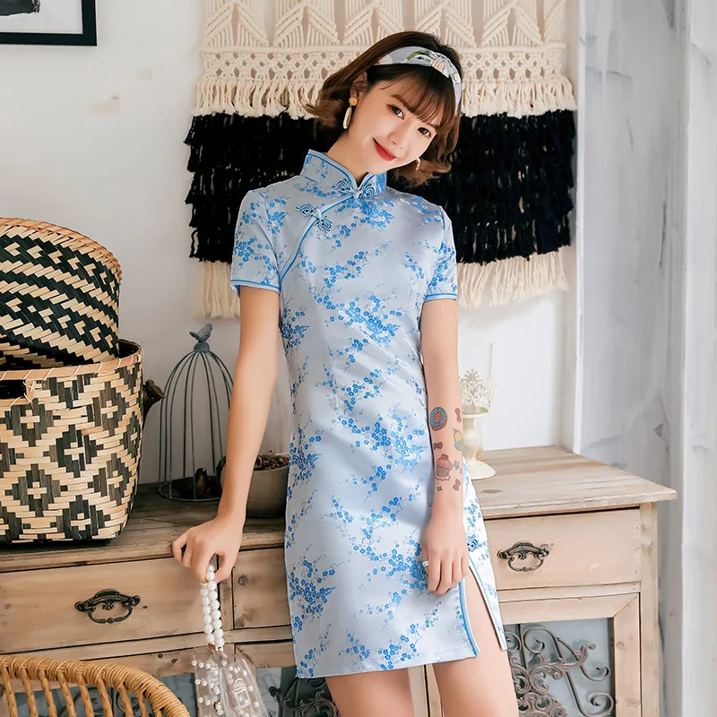 Navy blue Satin Qipao Summer Lady Traditional Chinese style Cheongsam  Dresses Women Mandarin Collar Silm Qipao dress Size S-XXL - AliExpress