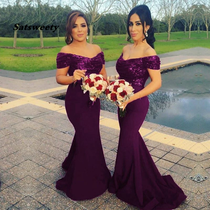 Vestidos De dama De honor De sirena con lentejuelas para mujer, vestido elegante para invitados De boda con hombros descubiertos, vestidos De fiesta para mujer, bata De velada Mariee