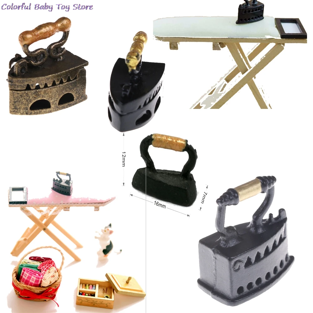 1: 12 Dollhouse Miniature Iron With Ironing Board Metal Black Iron Clothes Tool Urniture Furniture Dollhouse Room Girls Gift Toy