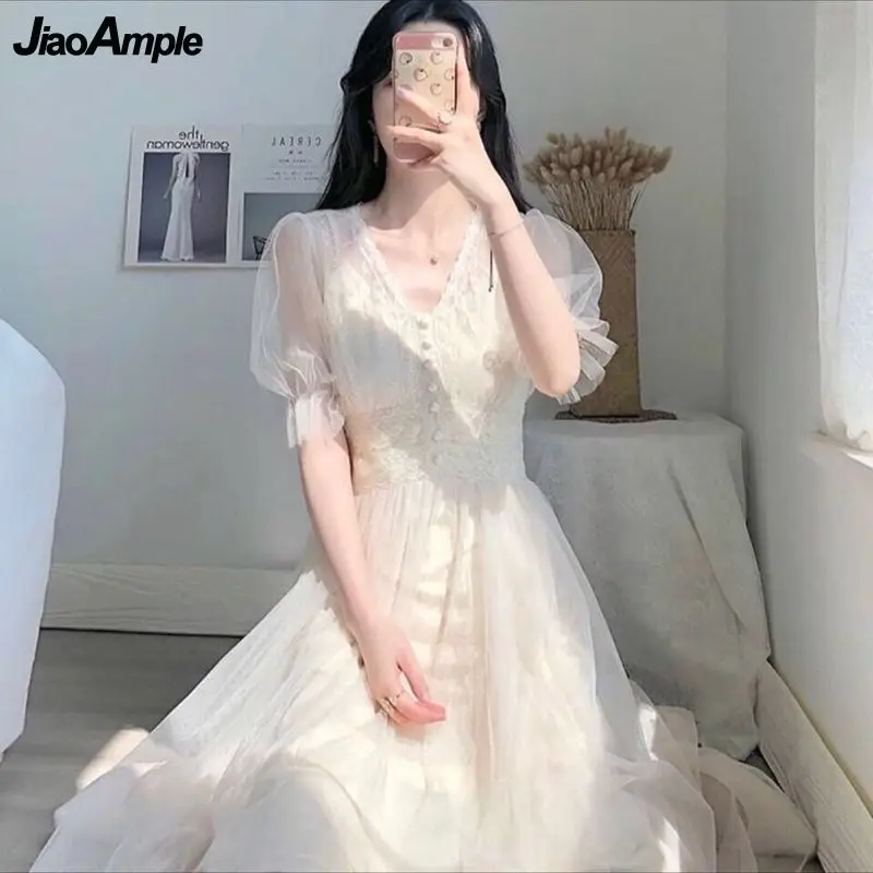 2025 New Girls Sweet Mesh White Dress Women Fashion Elegant Button A-Line Lace V-neck Gown Spring Summer Puff Sleeve Clothing