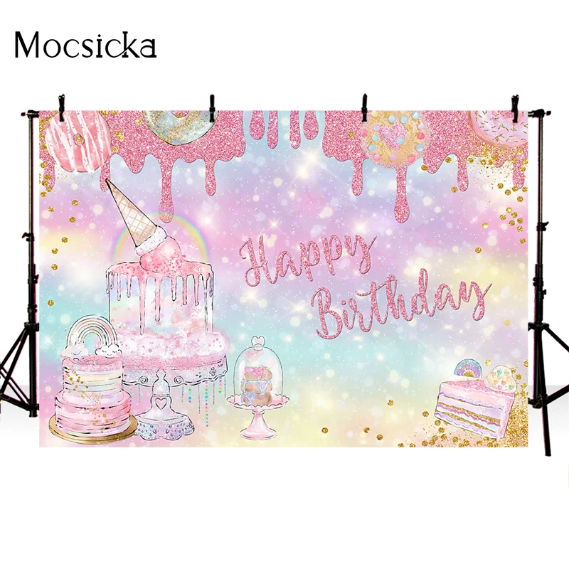 Mocsicka Sinh Nhật Nền Chụp Ảnh Bánh Kem Donut Trang Trí Đạo Cụ Chúc Mừng Sinh Nhật Hình Phông Nền Biểu Ngữ