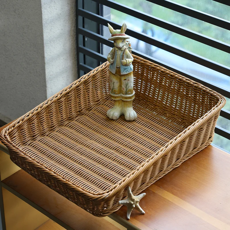 

Handmade Plastic Woven Storage Basket Fruit Snacks Vegetable Bread Basket Supermarket Display Basket Desktop Organizing Box 1pcs