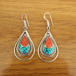 ER186 Nepal Indian Women Earrings Ethnic Tibetan Pair of Turquoises Coral Stone Water Drop Women Earring