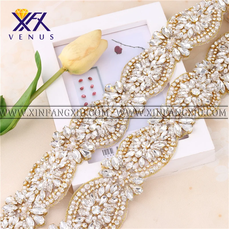 XFX VENUS 10 Yard Bridal wedding hand beaded silver crystal rhinestone applique trim gold hot fix iron on for wedding dresses