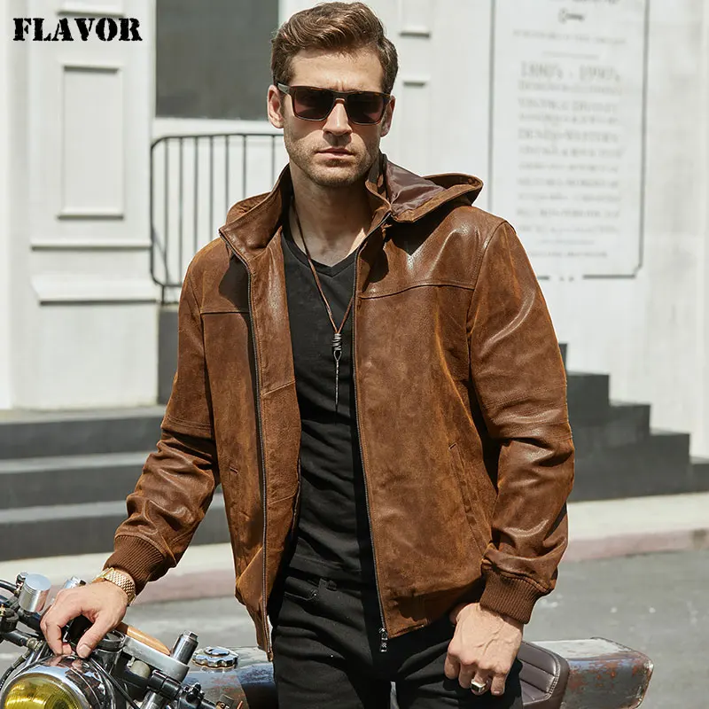FLAVOR Men's Winter Jacket Genuine Leather Pigskin With Hood
