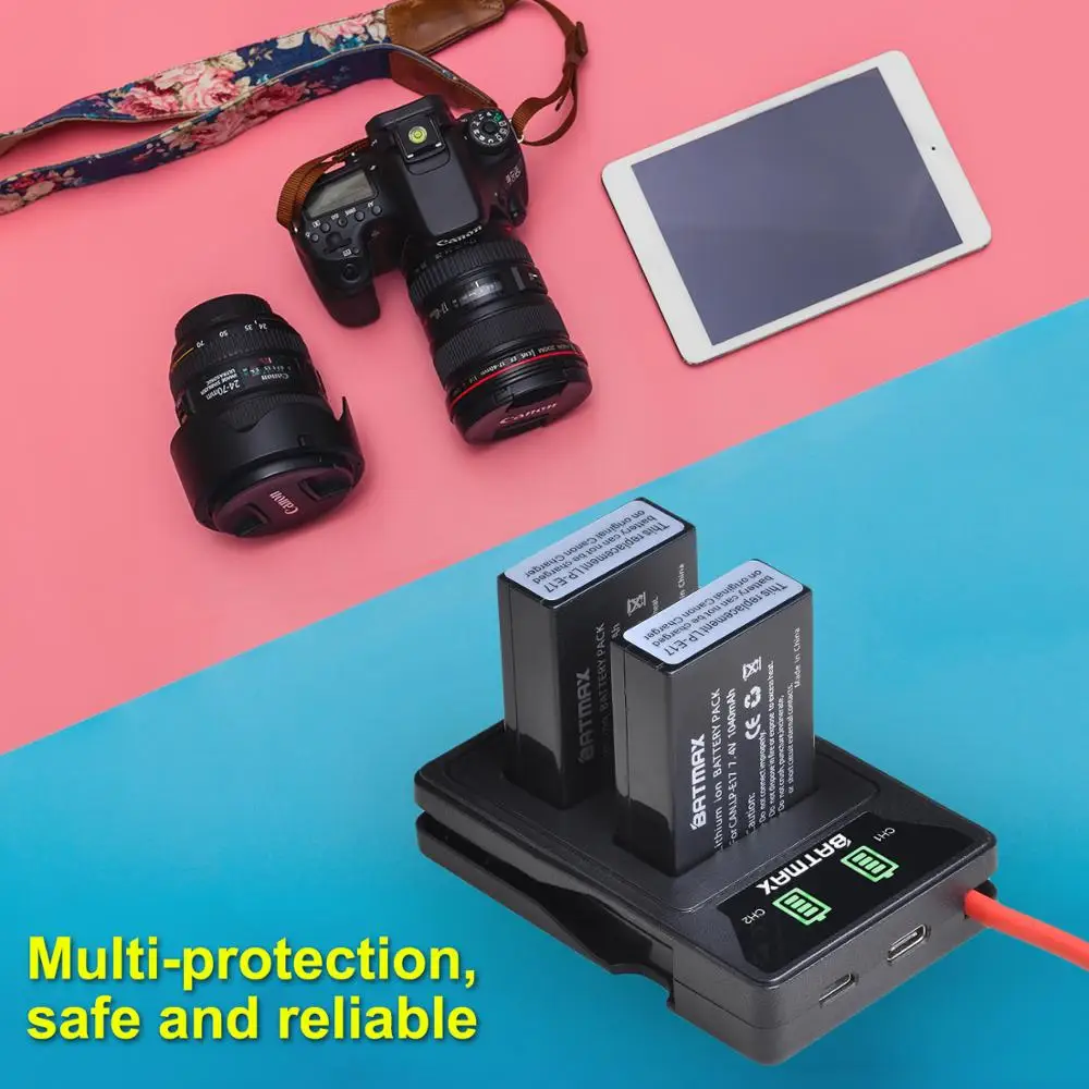 Batmax LP-E17 LP E17 Battery+New LED Dual USB Charger with Type C Port for Canon EOS 200D 250D M3 M6 750D 760D T6s 800D 8000D