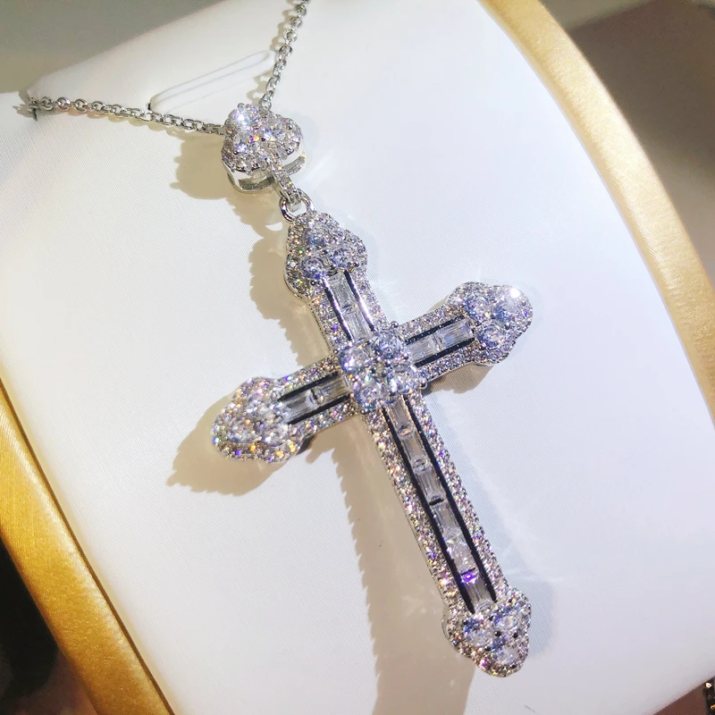 925 Sterling Silver Trendy Handmade Cross Pendants Necklaces For Women Men Zircon Inlay Charms Necklace Chain Unisex Jewelry