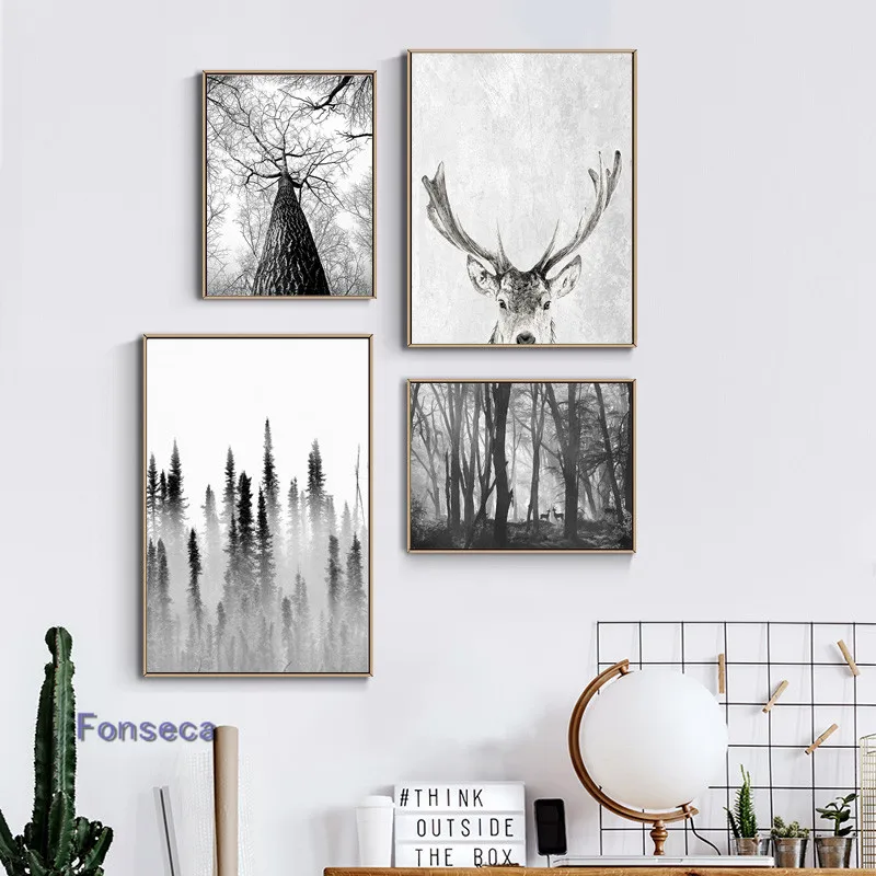 

Scandinavian Style Decorative Poster White Landscape Canvas Painting Nordic Forest Deer Eagle Black Wall Art Minimalist Picture