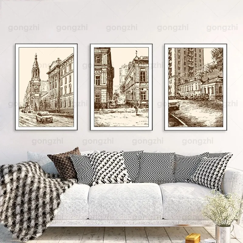 Brown Sketch Russian City Street Landscape Painting Winter Sense Living Room Cafe Hotel Travel Agency Wall Decor Printing Poster