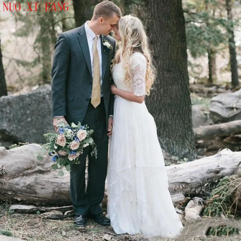 Robe de mariée en dentelle blanche ivoire, col en V, ligne A, Boho, demi-manches, robe de mariée de plage, robe de mariée princesse, 2020