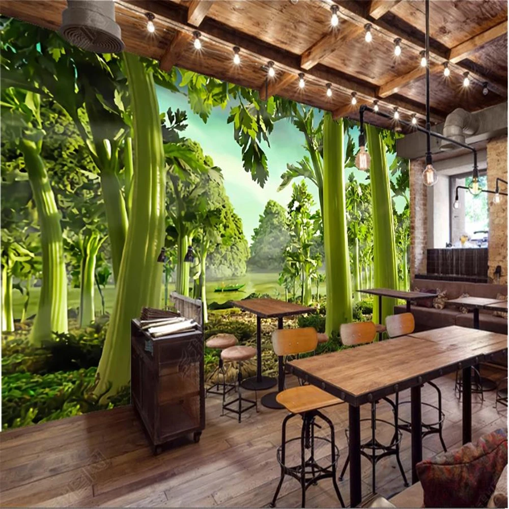 3d wallpapers Hand painted green forest restaurant wallpapers supermarket fruit shop background wall