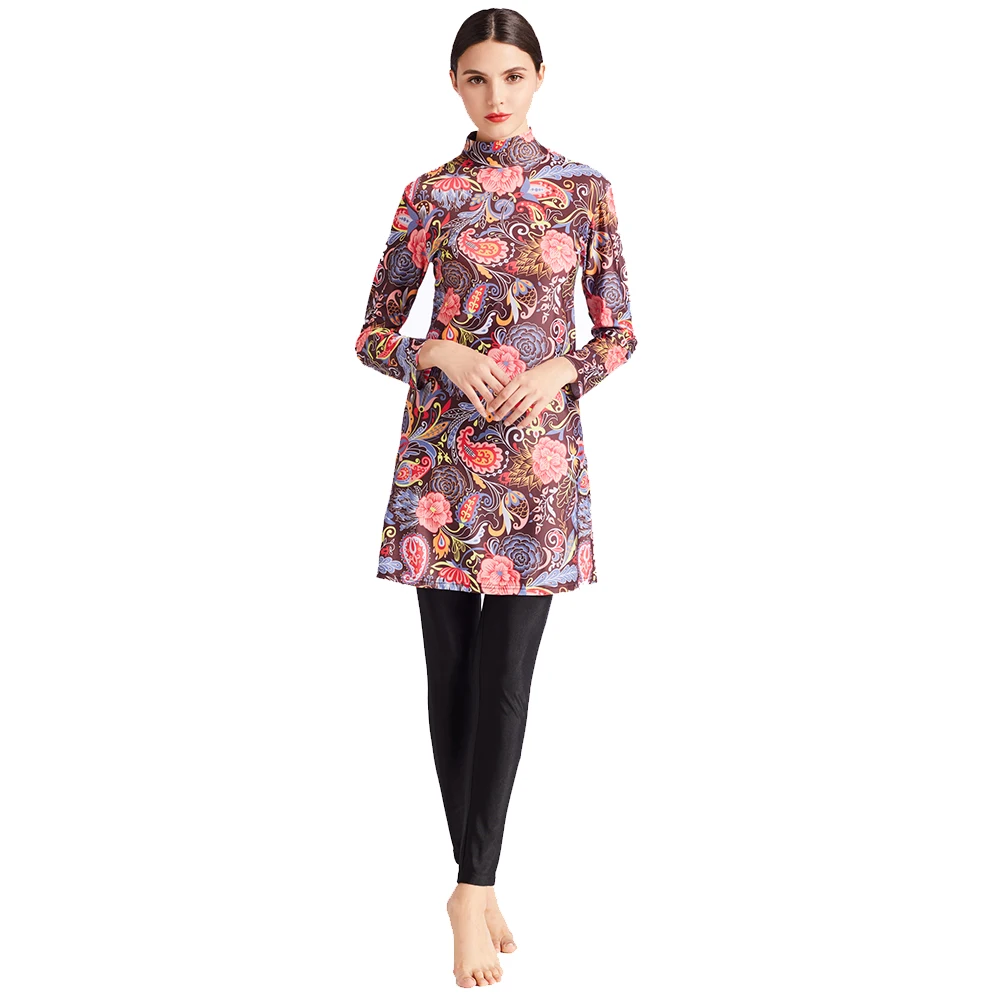 3-częściowy strój kąpielowy muzułmański burkini z nadrukiem, długi rękaw, spodnie, hidżab, kostium kąpielowy zakrywający całe ciało