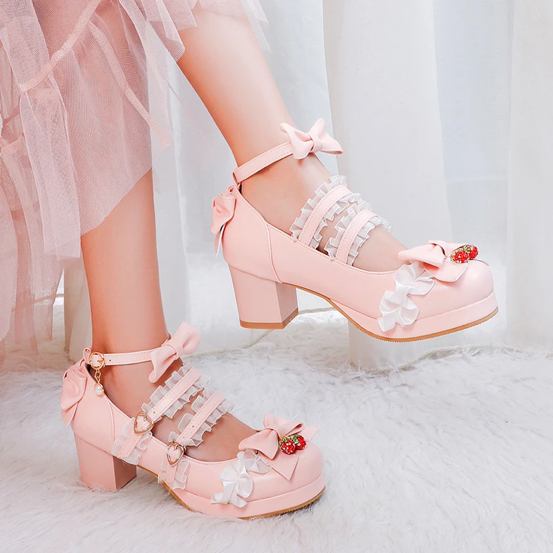 Women Fashion Sweet Bownot Lolita Shoes Block Heels Strawberry Ankle Strap Platform Lace Men Maid Mary Jane Pumps Big Size 34-48