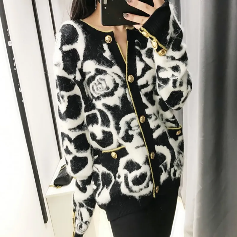 Frauen Stricken Strickjacke Jacke Elegante Warme Langarm Pullover Herbst Winter Streetwear Blume Einreiher Lose Pullover