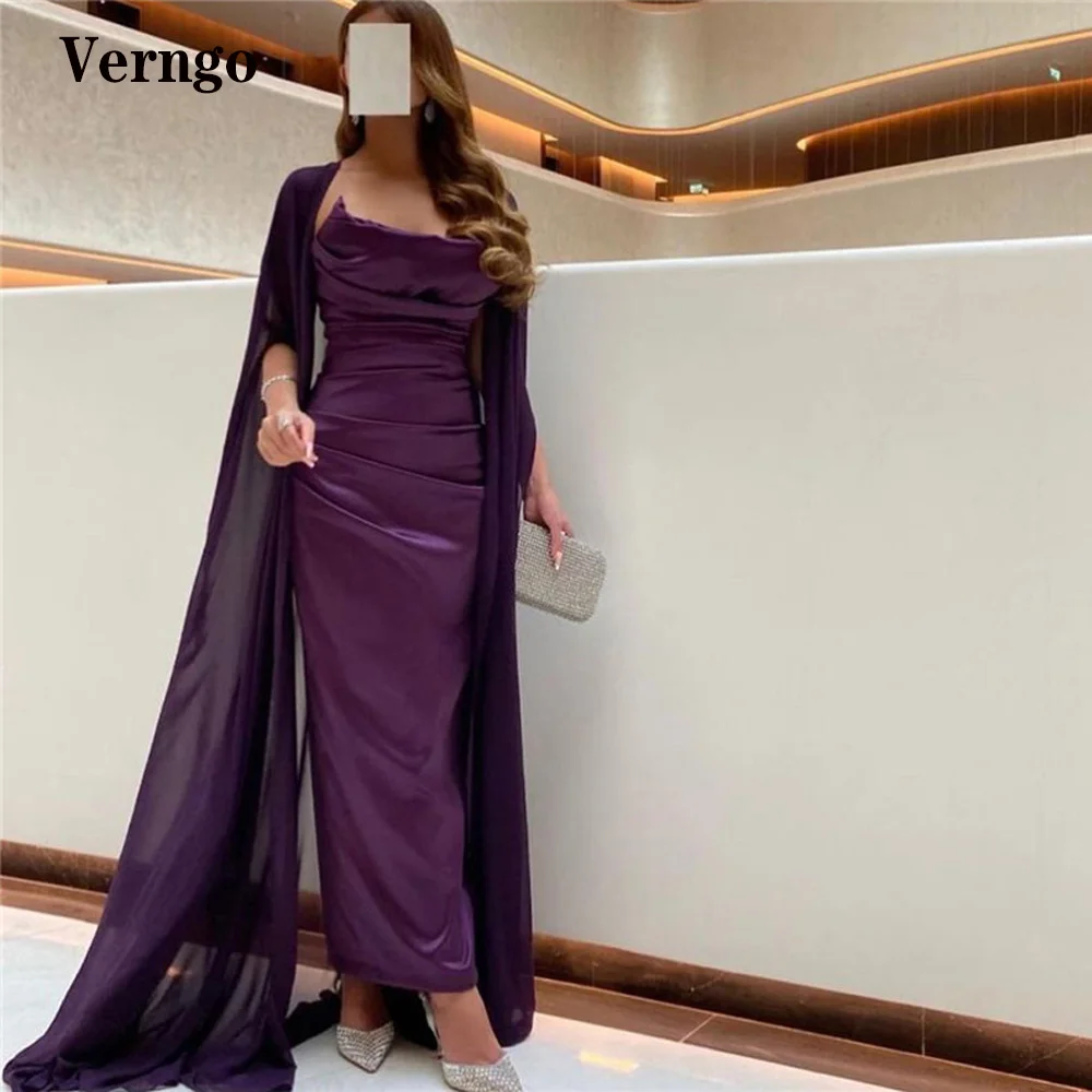 Verngo elegante escuro roxo seda vestidos de noite com manga longa cabo strapless tornozelo comprimento formal vestido de baile feminino ocasião