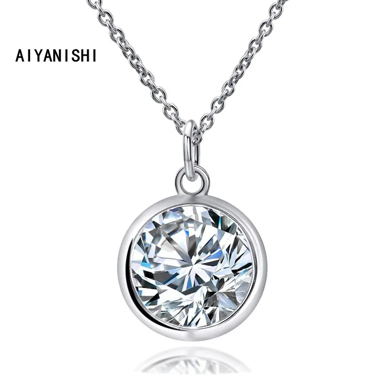 

AIYANISHI 925 Sterling Silver Pendant Necklace 6mm Round Bazel Women Engagement Wedding Silver Necklace Party Girl Gifts