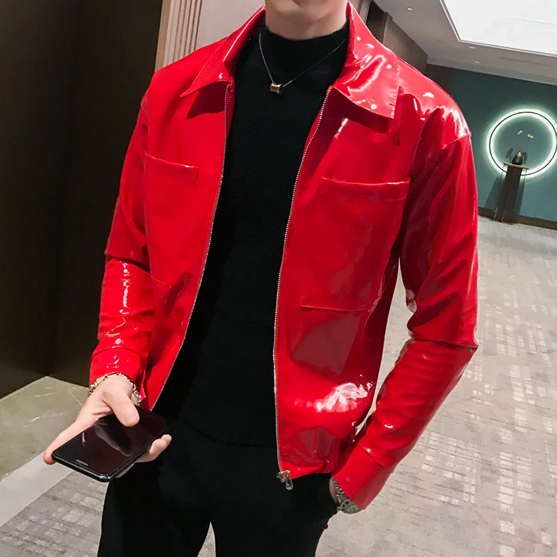 Glänzende Lederjacke Herren Bühnenkostüm Rot Schwarz Braun Nachtclub Club Herren Lederjacke Einfarbig Schlanke Herrenjacke Mäntel