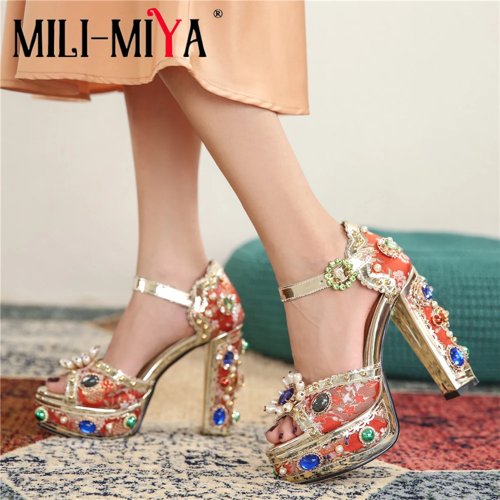 

MILI-MIYA New Arrival Fashion Women Breathable Cloth Sandals Super High Thick Heels Crystal Platform Dress Party Summer Shoes