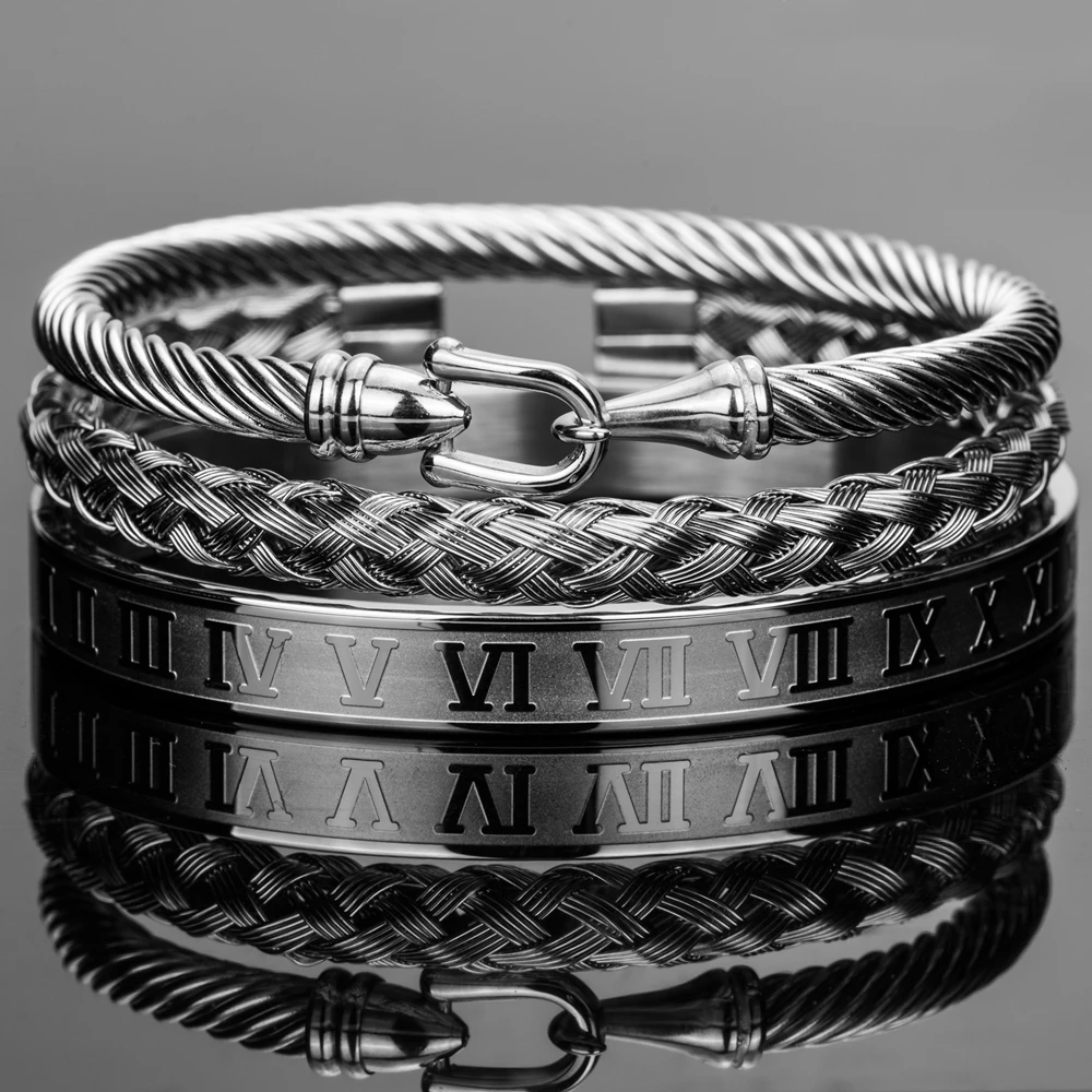 3pcs/Set Royal Roman Bracelets Cable Wire Horseshoe Buckle Bangles For Men Stainless Steel Pulseiras  Jewelry Accessories