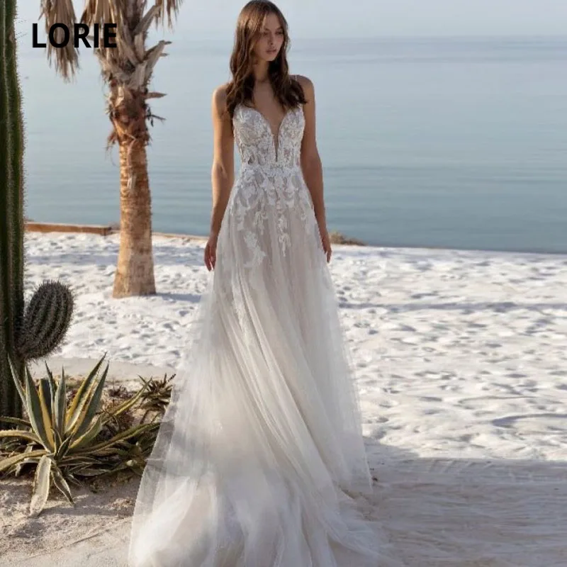 LORIE Beach Wedding Dresses 2021 Appliques Lace Spaghetti Strap A-Line Tulle Backless Boho Bride Gown Summer vestidos de novia