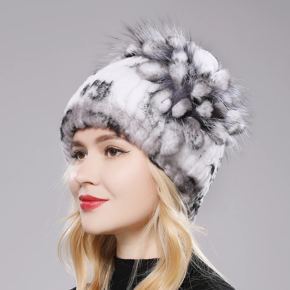 2024 Brand Women Genuine Rex Rabbit Fur Hats Winter Rex Rabbit Fur Beanies Striped Top Flower Fox Fur Warm Real Fur Knit Caps