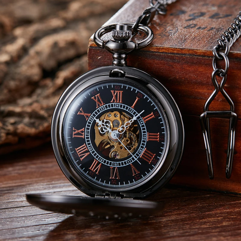 Retro Mechanical Pocket Watch Dragon Play Ball Steampunk Skeleton Hand-Wind Flip Clock Fob Watch with Chain Double Hunter Gift