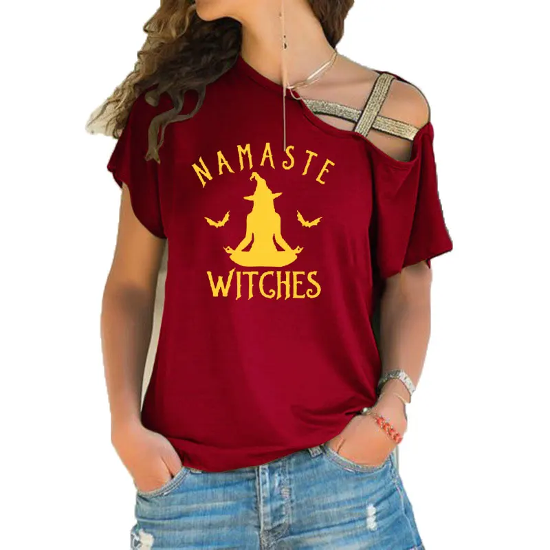 Namaste Witches T-shirt Halloween Funny Gift Tshirt Women Fashion Meditate Spooky Bat T Shirts Irregular Skew Cross Bandage Tops