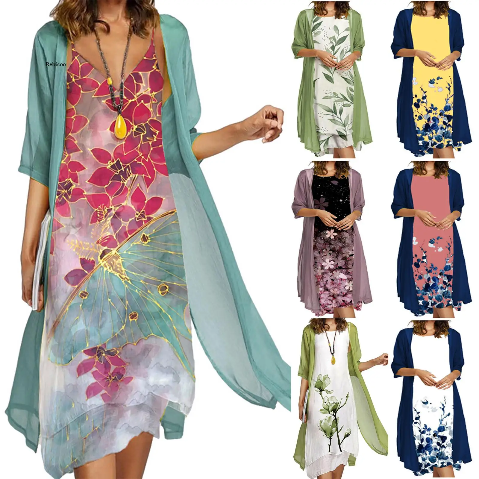 Autumn Ladies Dress Casual Slim Printed Sleeveless Round Neck Dress Plus Solid Color Chiffon Cardigan Two-piece Suit