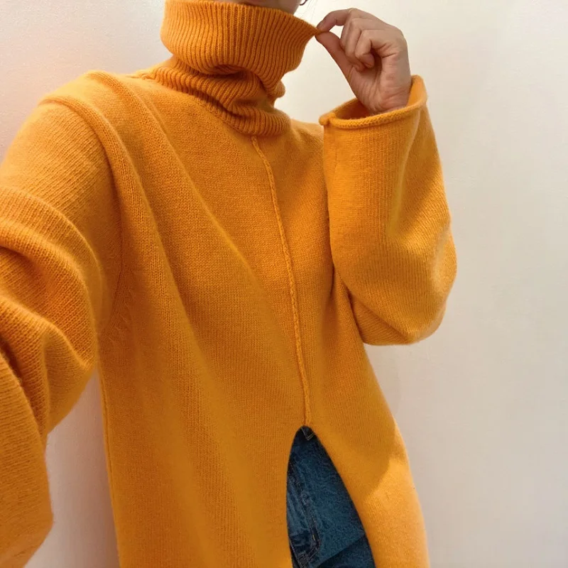 Autumn Winter Women Loose Design Split Mid-length Knitted Dress Korean Turtleneck Warm Pullovers Lady Solid All-match Sweaters