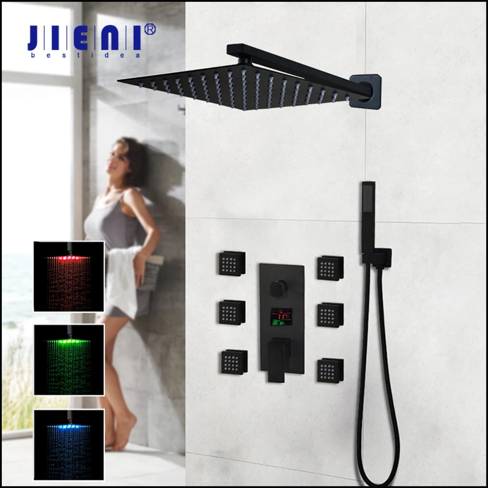 

JIENI Matte Black Bath Shower Faucet Message Jets Thermostatic Temperature Display Rainfall Bathroom Kit Hand Shower Set Faucet