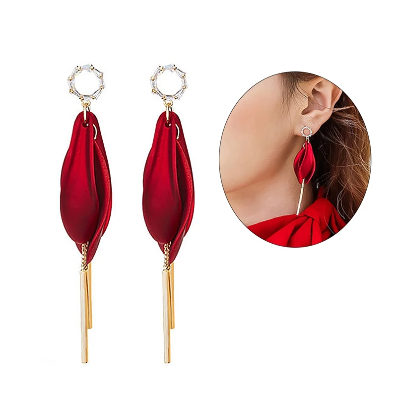 1 Pair Red Earrings Long Tassel Women Earrings Retro Faux Petal Tassel Earring Drop Earring For Christmas