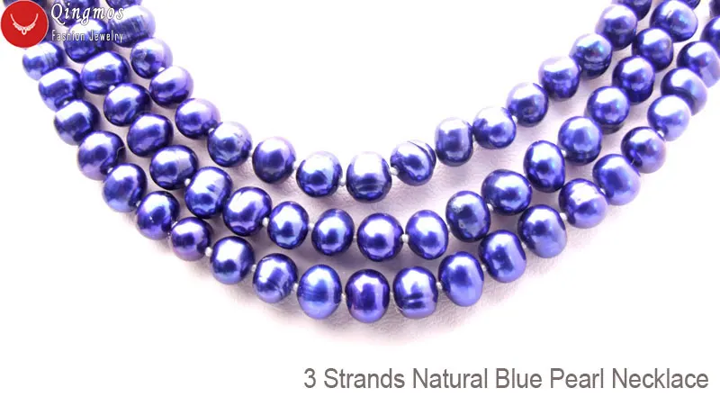 Qingmos Fashion Natural Blue Pearl Necklace for Women with 6-7mm Round Freshwater Pearl 3 Strands Necklace Jewelry 17