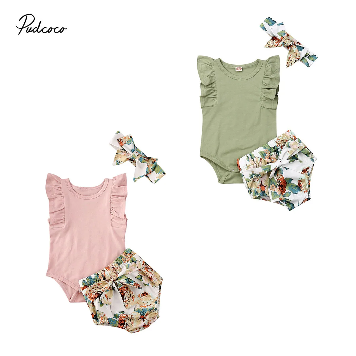 

Pudcoco US Stock Newborn Infant Baby Girls Clothes Set Ruffle Sleeve Romper Flower Shorts Summer Clothes For Kids Girl 0-2Y