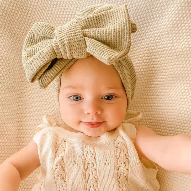 Cute Newborn Baby Headband Waffle Double Layer Bow Knot Turban Winter Girl Elastic Hair Bands Children Toddler Hair Accessories