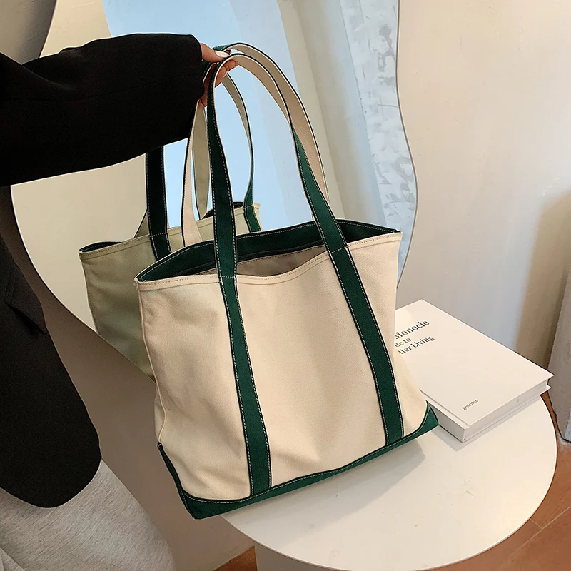 Simple Canvas Bag Women's Handbag Zipper Shoulder Bag 2022 Fashion Striped Strap Large Capacity Ladies Square Tote Shopping Bag