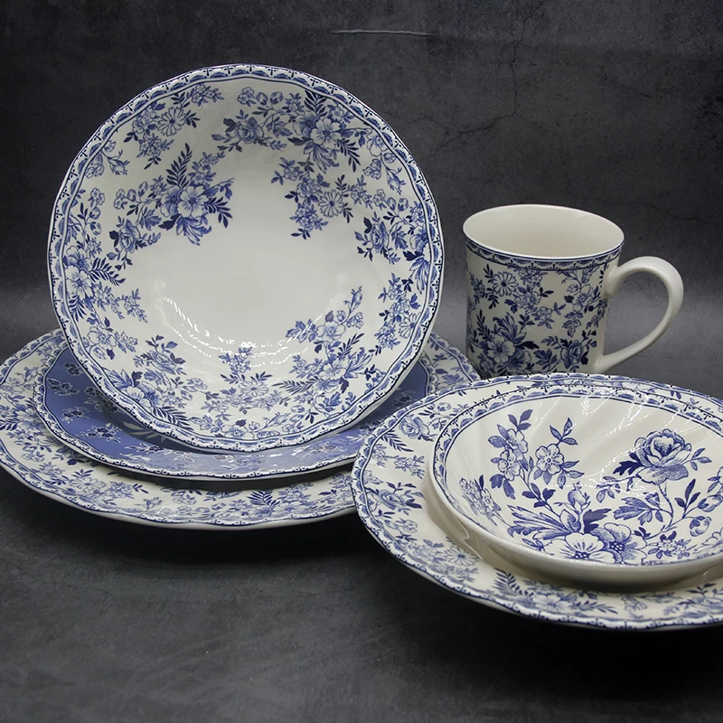 The Blue And White Dinner Set Elegant England Style Dinner Ware Ceramic Breakfast Plate Beef Dishes Dessert Dish Soup Bowl