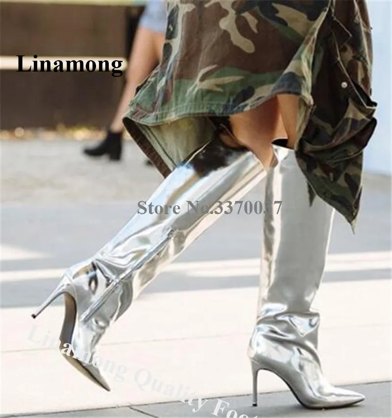 

Linamong Silver Mirror Patent Leather Stiletto Heel Knee High Boots Charming Pointed Toe Long High Heel Boots Nightclub Heels