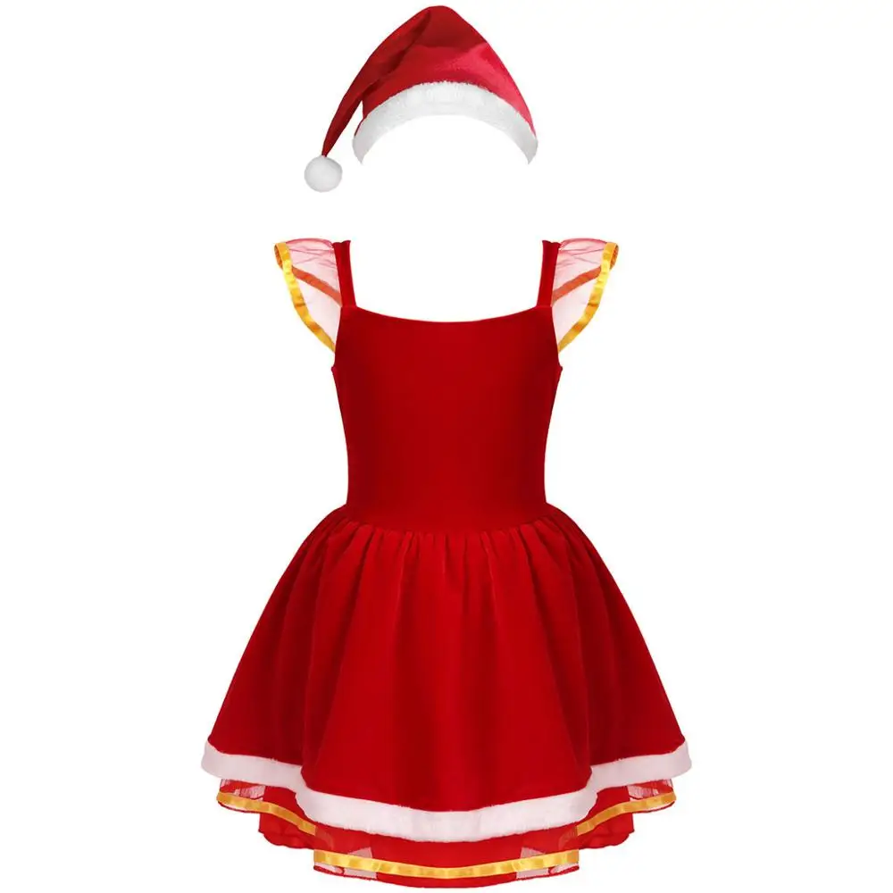 Children Girls Santa Claus Christmas Dance Costume Soft Velvet Girl Princess Mesh Tutu Party Dress with Hat Kids Xmas Outfits