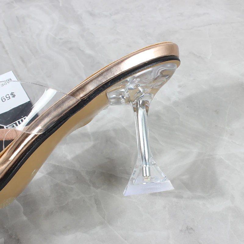 Women's High Heel Sandals 2023 Summer New Rhinestone Belt Transparent Horseshoe Heel Slippers Fashion Party Women Sandals 7.5CM