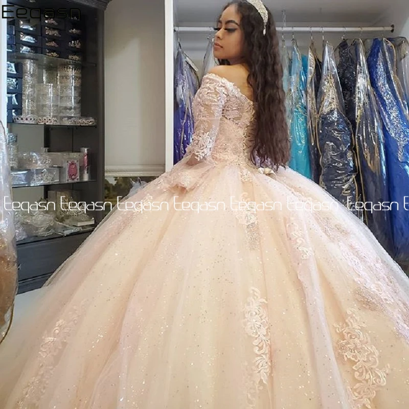 Luxury Sparkly Ball Gown Quinceanera Dresses  Princess Lace Long puffy Sleeve robe vestidos de 15 años Prom Gown Customized