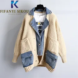 Denim Spliced Knitted Sweater Jacket Women 2021 Autumn Winter Cardigan Knit Coat Big Pocket Fashion Lapel Loose Sweaters Female