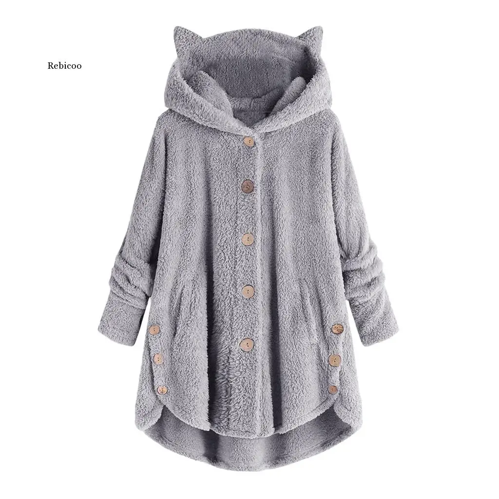 Women  Blouse 6 Colors Button Coat Solid Tops Hooded Pullover Loose Sweater Cat Ears Plush Top 5Xl Women Autumn