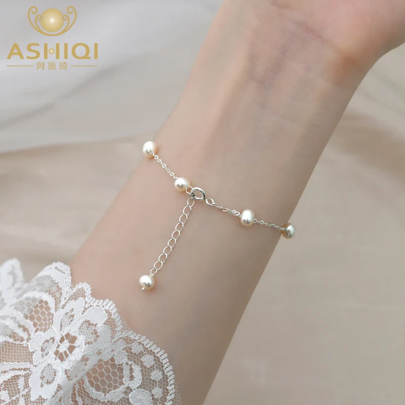 ASHIQI 4-5mm Mini Natural Freshwater Pearl Bracelet 925 Sterling Silver Chain Jewelry Gift for Women