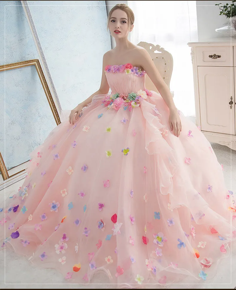 แสงสีชมพู Quinceanera 2021ไม่มี3D ดอกไม้ Backless เจ้าหญิงหวาน16บอลชุด Vestidos De 15ปี