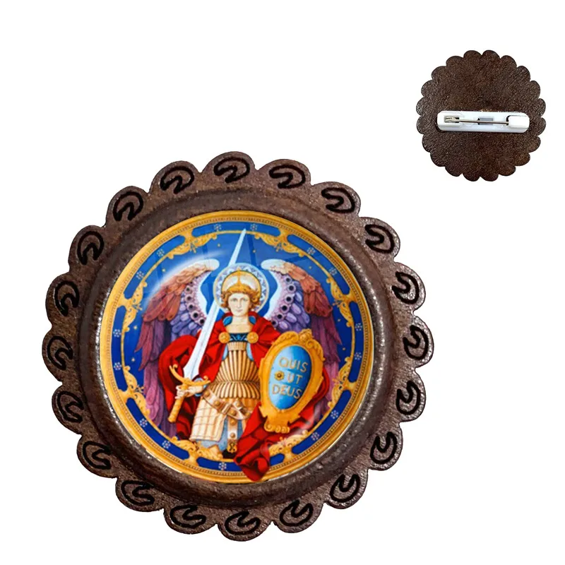 Glass Dome Wood Brooch Archangel St.Michael Protect Me Saint Shield Protection Charm Russian Orhodox Collar Pins For Holy Gift