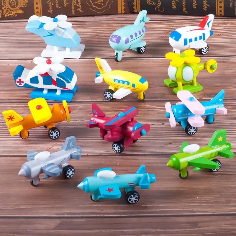 12PCS Set Mini Wooden Car Airplane Model Toy Simple Style Decoration Color Wooden Car Airplane Mini Educational Toy For Children