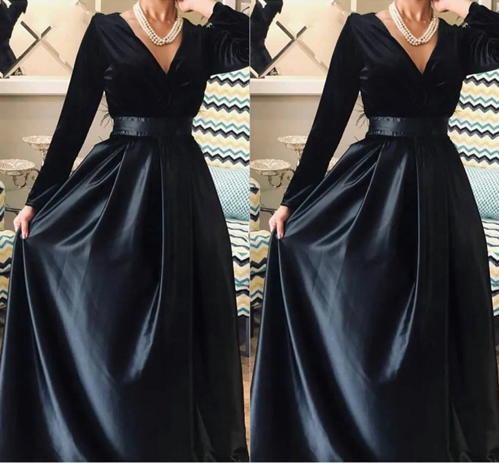 

Arrival V Neck Long Sleeve Evening Dresses 2021 Black Velvet Satin Prom Gowns Vestido De Fiesta Largos Noche Robe Soiree Dubai