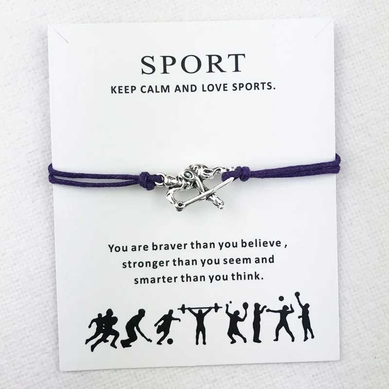 Tibetan Silver Hockey Athlete Connection Charms Cuff Multilayer Wax Rope Sports Bracelets Women Men With Card Bracelet Jewelry